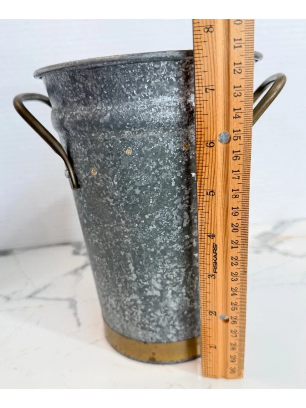Vintage Galvanized French Flower Bucket Vase Brass Handles Rim Made in Slovakia